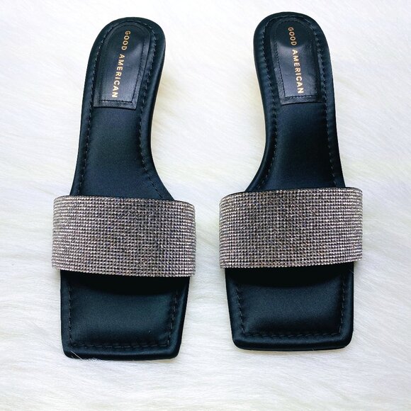 Good American Kickstand Slide Sandal Mules Black Diamond Kitty Heels Elegant - Picture 2 of 7